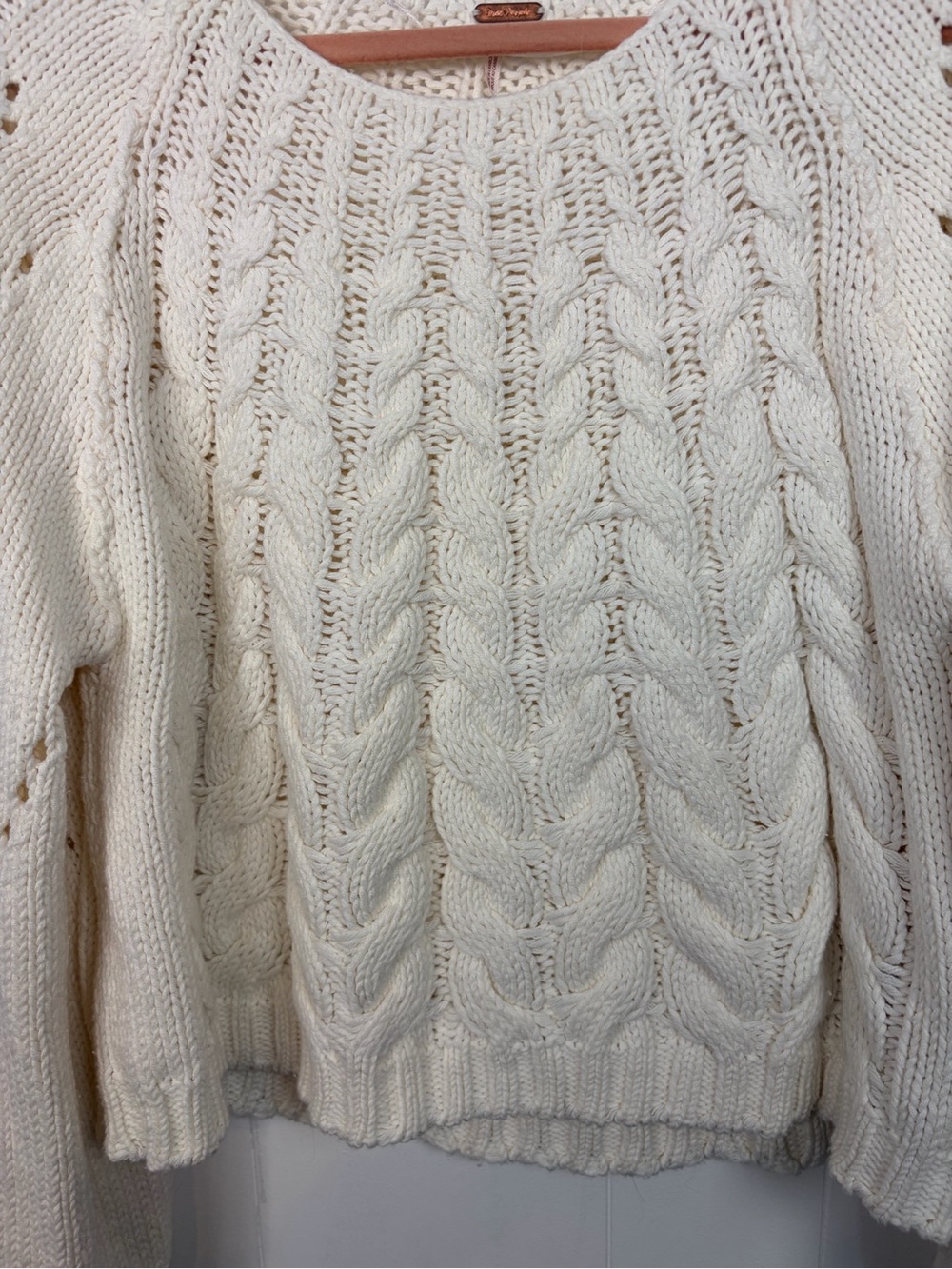 Free People Sandre Cream Cable Knit Long Sleeve Seeater Small Boho Cottagecore - Picture 8 of 9